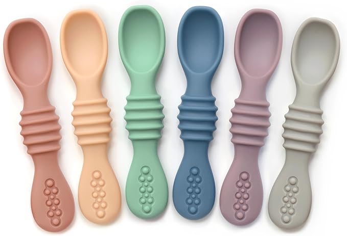 PrimaStella Silicone Chew Spoon Set for Babies and Toddlers - Safety Tested - BPA Free - Microwave, Dishwasher and Freezer Safe - Earth Shades
