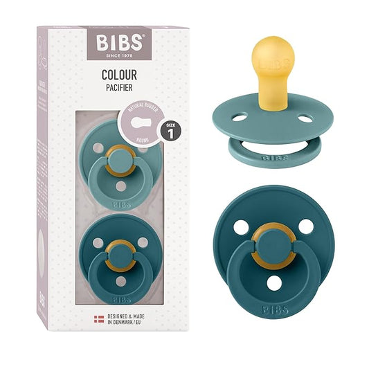 BIBS Pacifiers Colour Collection | Natural Rubber Baby Pacifier | Round Nipple | Set of 2 BPA-Free Soothers | Made in Denmark | 0+ Month (Pack of 2) | Island Sea/Forest Lake