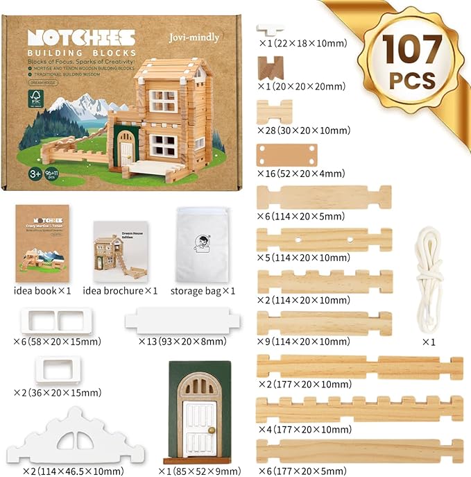 Jovi-mindly＆Notchies 107 Pcs Wooden Blocks Toys with Door and Windows,Classic Old Fashioned Toys,Wooden Building Blocks for Kids Ages 4-8 Boys and Girls,FSC Certified,Halloween Gifts