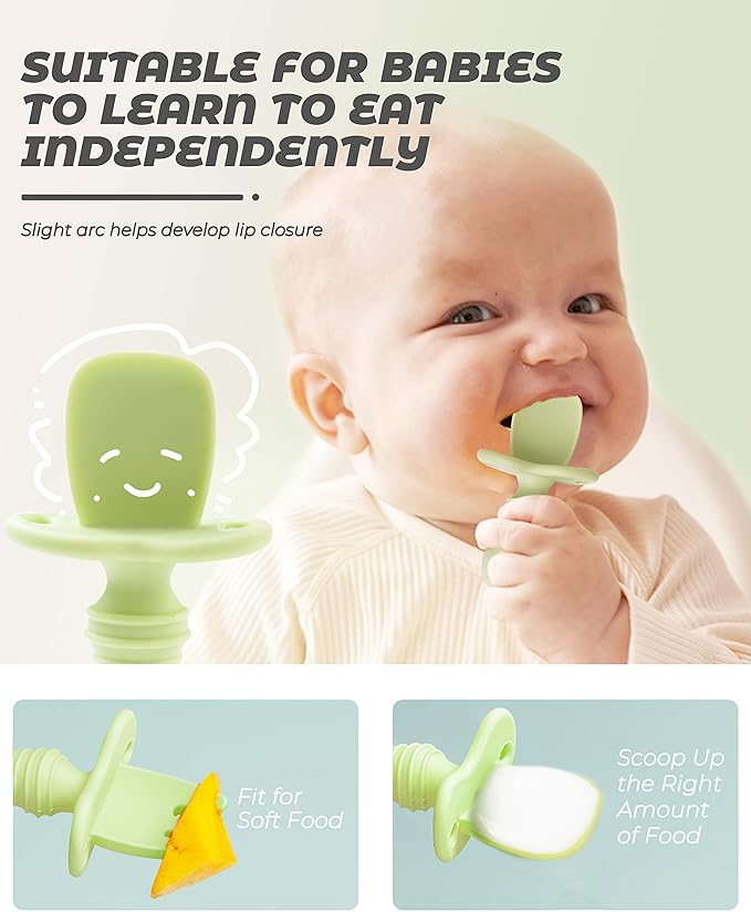 DF DUALFERV 4 Pcs Baby Spoons Self Feeding 6 Months, Silicone Baby Spoons First Stage and Baby Fork, Toddler Utensils for Baby Led Weaning with 2 Cases (Green, Grey)