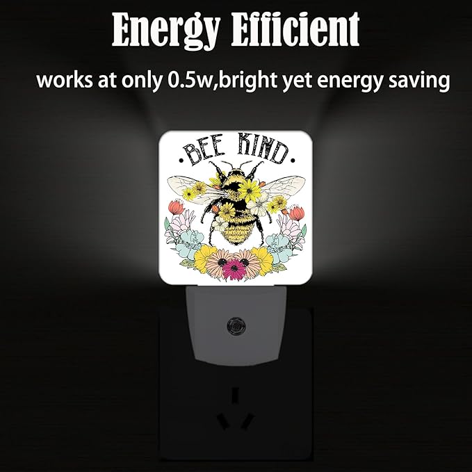 Bees and Flowers Night Light,Plug Into Wall for Boys Girls Bedroom Decorative Square Night Light Lamp 0.5w Sleep Friendly