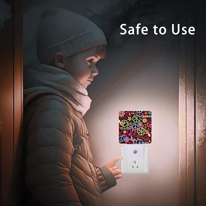 Hippie Peace Flowers Night Light,Hippies Plug-in Night Lights with Dusk-to-Dawn Sensor for Bedroom, Bathroom and Living Room 0.5W Sleep Friendly lamp for for Girlfriend/Boyfriend Gift