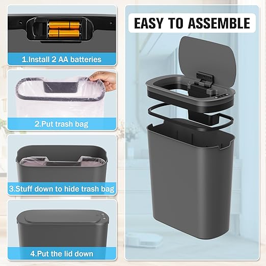 Cesun 5 Gallon Automatic Bathroom Trash Can, Touchless Motion Sensor Garbage Can with Lid, Smart Plastic Slim Wastebasket for Bathroom, Office, rv, Bedroom, Living Room, Grey