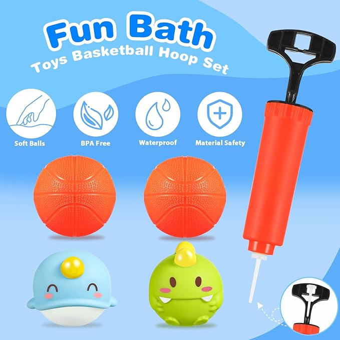 Topsolid Bathtub Basketball Hoop for Kids - Dino Style 2-in-1 Bath Toys with Strong Suction Cups & 4 No Hole Balls | Fun Shooting Game for Baby Toddler Boys & Girls Ages 1-8