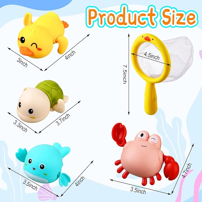 Bath Toys Sets Include 12 Pcs Wind up Floating Toys with 2 Pcs Duck Shape Fishing Net, Swimming Pool Games Bathtub Shower Toy, Turtle Whale Duck Crab for Boys Girls Funny Gifts