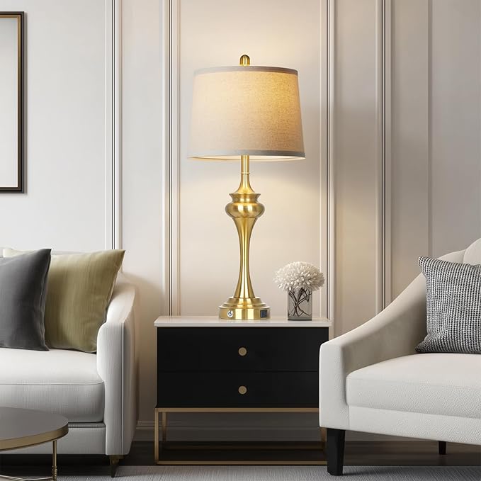 30" Gold Tall Table Lamps for Living Room, Touch Control Modern Bedroom Table Lamp with USB A+C Ports, 3-Way Bedside Lamps Set of 2, Elegant Metal Lamp for Night Stand Desk Side Table Office
