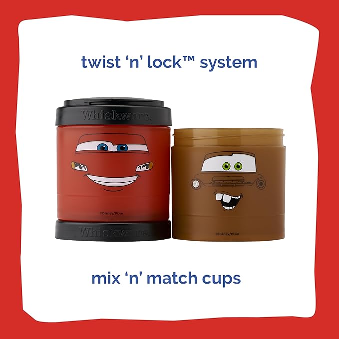 Whiskware Disney Pixar Stackable Snack Containers for Kids and Toddlers, 3 Stackable Snack Cups for School and Travel, Cars Lightning McQueen and Mater
