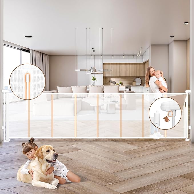 236" Retractable Baby Gate Extra Wide, 41" Tall Retractable Dog Gate for Stairs, Doorways, Decks, Mesh Gate Long Child Gate Pet Gate for Indoor, Outdoor, with Reinforced Mesh Rods, Dual Locks