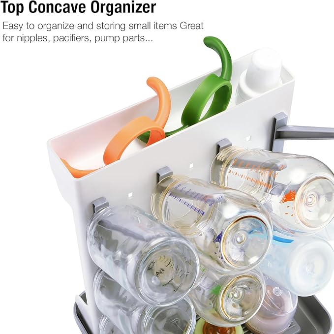 PandaEar Baby Bottle Drying Rack, Vertical Space-Saving Bottle Dryer Stand for Countertop with Removable Water Tray & Pegs, Holds Bottles, Nipples, Sippy Cups & Accessories, Grey