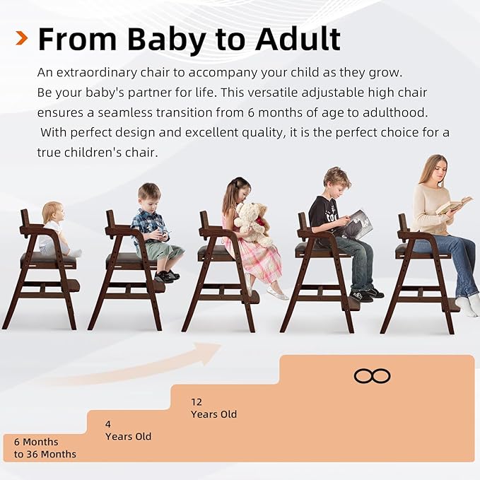 Solid Wood high Chairs for Toddlers,High Chair Grows with Kid for Dining, Study Chair for Children, Walnut Color