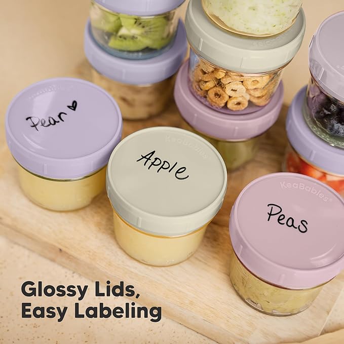 KeaBabies 12pk 4oz Glass Baby Food Containers with Lids - Leak-Proof, Microwavable Small Glass Jars, Baby Purees & Toddler Snack Storage Containers, BPA-Free, Dishwasher & Freezer Safe (Lilac)