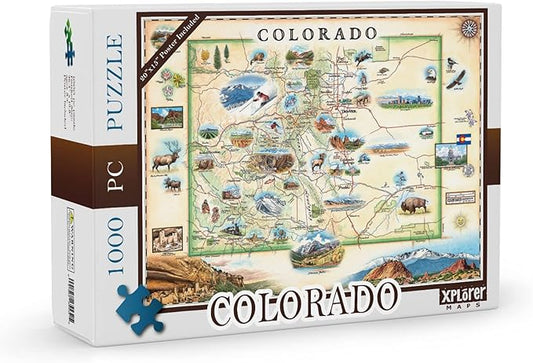 Colorado State Map Cardboard Jigsaw Puzzle - 1000 Pieces, Hand-Illustrated - Educational, Family Activity, Ages 7+, Includes Poster - 25.4 x 19.8