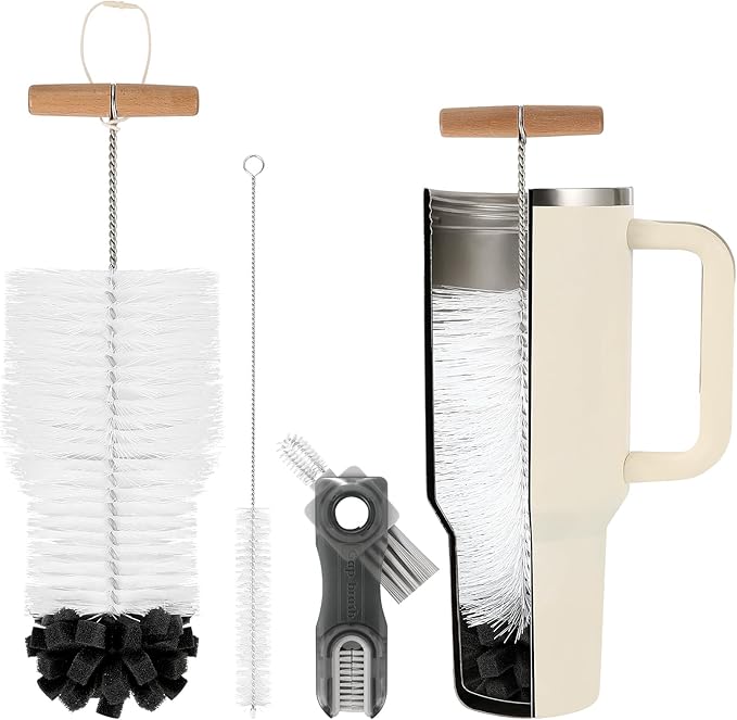 3 PCS Bottle Clean Brush Set, Long Wooden Handle Bottle Cleaner Brush for Stanley Cup Tumblers, 3 in1 Cup Lid Cleaning Brush, Long Straw Brush,Water Bottle Clean Brush Kit for Bottle Cups Coffee Mugs