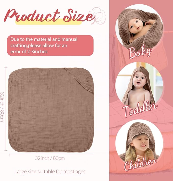 VitalCozy 6 Pcs Baby Muslin Hooded Bath Towels and Washcloths, 32 x 32 Inch Muslin Cotton Hooded Baby Towels Absorbent Blankets for Gift Newborn Infant Shower(Light Bean Paste, Rose Pink)