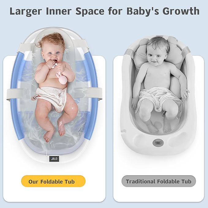 Collapsible Baby Bathtub for Newborn to Toddler 0-36 Months,Spacious Foldable Infant Bath Tub with Thermometer,Cushion & Drain Hole,Portable Travel Tub, Baby Shower Gift Blue