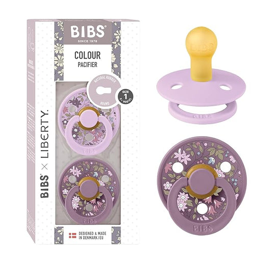 BIBS Colour Liberty Soother 2-Pack, BPA Free Dummy Pacifier, Round Nipple. Natural Rubber Latex, Made in Denmark, Size 1 (0-6 Months), Chamomile Lawn Violet Sky