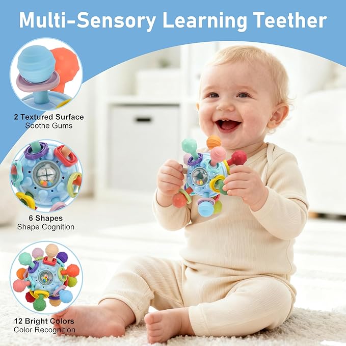 2 Pack Baby Teething Toys 0-6 6-12 Months, Multi-Functional Food Grade Silicone Baby Montessori Sensory Teether Toys & Teething Mittens, Soothing Chew Baby Toys for Newborn Infant Sucking Needs