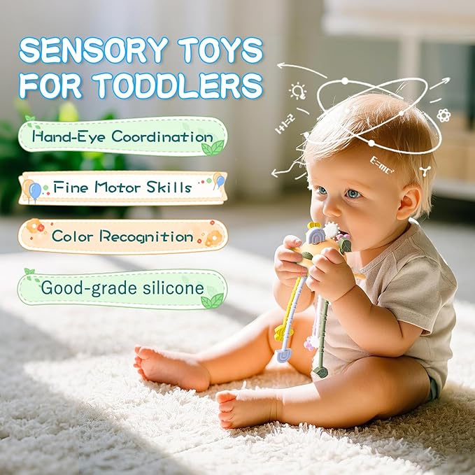 Food Grade Silicone Pull String Baby Toy, Montessori Pull String Sensory Toy for 6-12-18 Months Babies Teething Toys,Toddler Fidget Toys Birthday Gift for Infant/Toddler(Yellow)