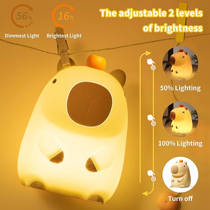 Capybara Night Light,Cute Silicone Squishy LED Animal Lamp,Dimmable Nursery Nightlight,Rechargeable Bedside Table Lamp with Touch Control,Xmas Birthday Gifts for Toddler,Breastfeeding