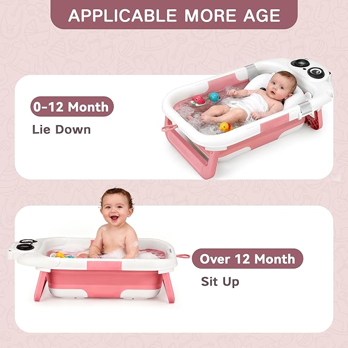 Collapsible Baby Bathtub for Newborn, Baby Bath Tub with Thermometer & Soft Floating Cushion & Drain Hole for Infant to Toddler, Portable Travel Bathtub with No-Slip Feet for 0-36 Months-Pink