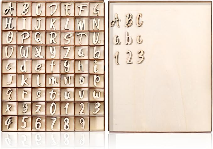 Geelin 248 Pcs 1 Inch Wood Alphabet Letters Numbers with Storage Box Blank Unfinished Wooden Letters Numbers with Rustic Storage Tray for Spelling Learning Education DIY Crafts