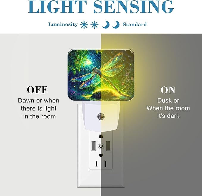 Glowing Dragonfly Plug in Night Lights, Fantastic Enchanted Forest Nightlight Plug Into Wall Dusk to Dawn Sensor for Kid Girls Boys Women Men Bedroom,Hallway,Kitchen,Bathroom,Stairs Decor