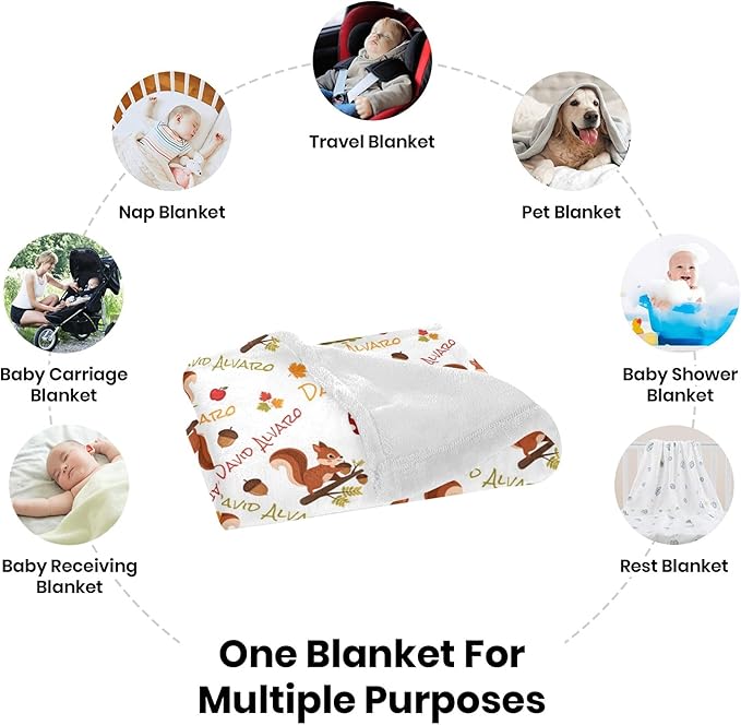 Ship Next Day Personalized Baby Blanket, Printed in USA - Custom Name Toddler Blanket with Squirrel Pattern, Personalized