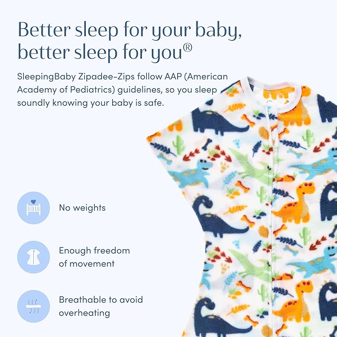 SleepingBaby Zipadee-Zip Transition Swaddle - Cozy Fleece Wearable Blanket with Two-Way Zipper for Baby Sleep - Dino, Medium (6-12 Month)