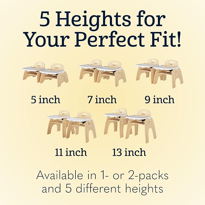 Foundations Easy Serve Low Wood Feeding Chairs Multipack, Adjustable Harness, Removable Dishwasher Safe Tray, No-Tip Base, Stackable Toddler Chairs, 2 Pack (11 inch)