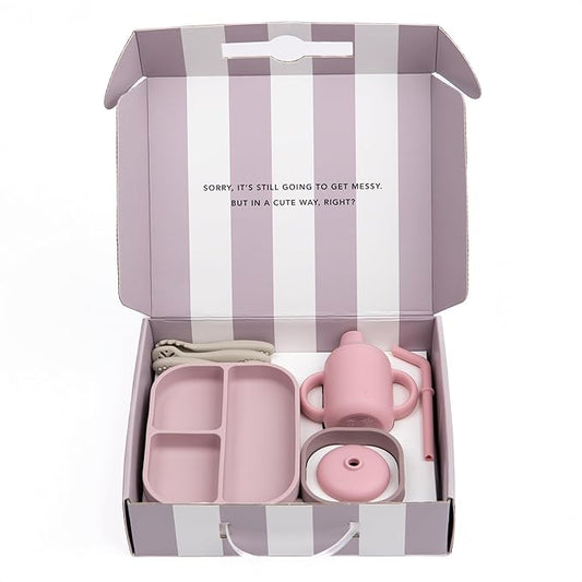 Bella Tunno Little Bites Bundle Baby Feeding Set with 1 Bowl, 1 Plate, 3 Utensils, 1 Cup, 2 Lids; Baby Led Weaning Supplies; 100% Food-Grade Silicone (Magic Meadow)