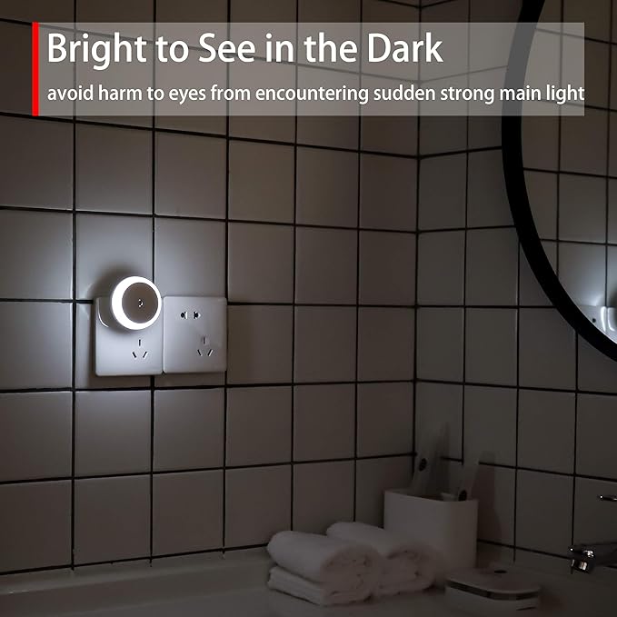 myCozyLite LED Night Light Plug in, Dusk to Dawn Sensor, Auto Dim, Energy Saving, Cool White, Nightlight Plug into Wall for Bathroom, Hallway, Kitchen, Stairway, Round, 2 Pack