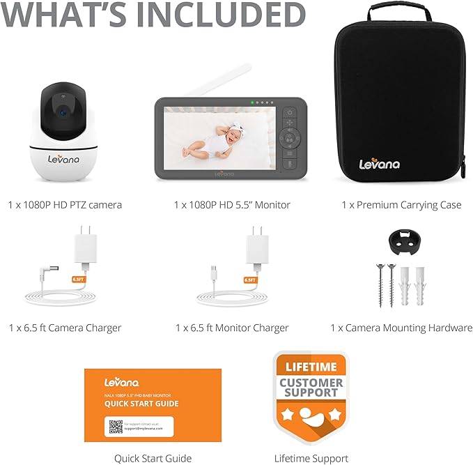 Levana Nala 5.5" HD Video Baby Monitor, 1080P Night Vision PTZ Camera, 22 Hour Battery Life, 5000mAH Battery, No WiFi, Two-Way Talk, 1000ft Range, Carrying Case, 2 Year Warranty