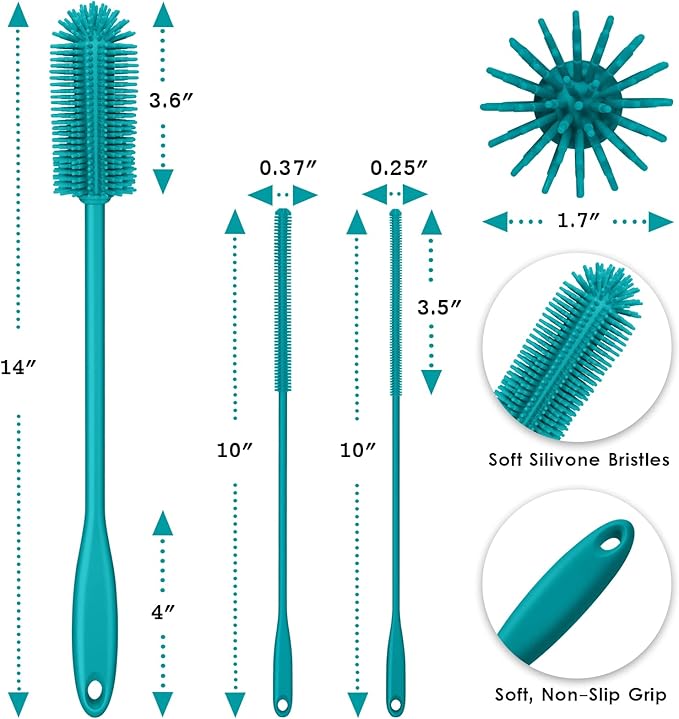 3-in-1 Silicone Bottle Brush and Straw Cleaning Brush Set, Water Bottle Cleaner for Narrow Neck Containers, Tumblers, Flask, Vase and Glassware (Turquoise)
