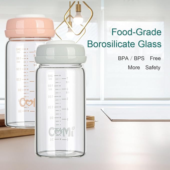 COMI Wide Neck Glass Breastmilk Collection n Storage Bottle, 8oz with Screw Ring Sealing Disk; Re-markable Sealing Disc. BPA Free, Fits Breast Pumps & Nipples (2 Pink Lids)