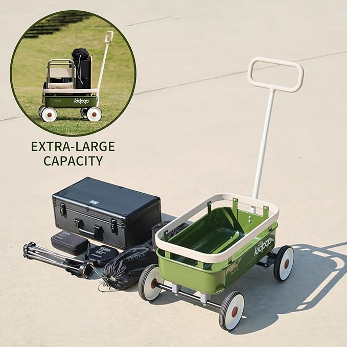 PULA-Wild 3-in-1 Kids' Pull-Along Wagon Toddlers Push Walker for 2.5-8, Removable Wooden Cover and Adjustable Handlebar, Birthday Gifts Max Weight 33 lbs (Green)