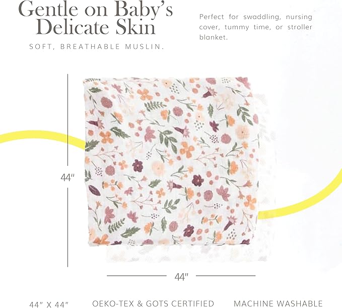 RED ROVR 100% Certified Organic Cotton Muslin Swaddle | Newborn Receiving Blanket | Baby Wrap | Boy, Girl, Unisex | Soft, Lightweight, Breathable | Burping, Nursing | 44" x 44" | Mauve Meadow