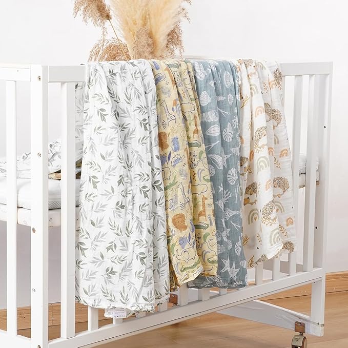 4 Set Muslin Swaddle Blankets for Newborn Baby Boys, Girls,Receiving Blankets-Cute Soft Print Baby Towel Wrap 120x110cm Baby (Animal)