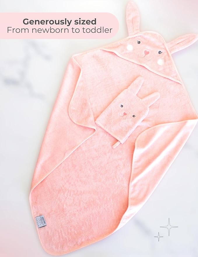 Hooded Baby Towel with Mitt - Ultra Soft Plush Bath Essential for Newborn, Infant & Toddler - Premium 30x30 Inch Large Absorbent Baby Bath Towels with Hood for Boys & Girls (Cute Bunny)