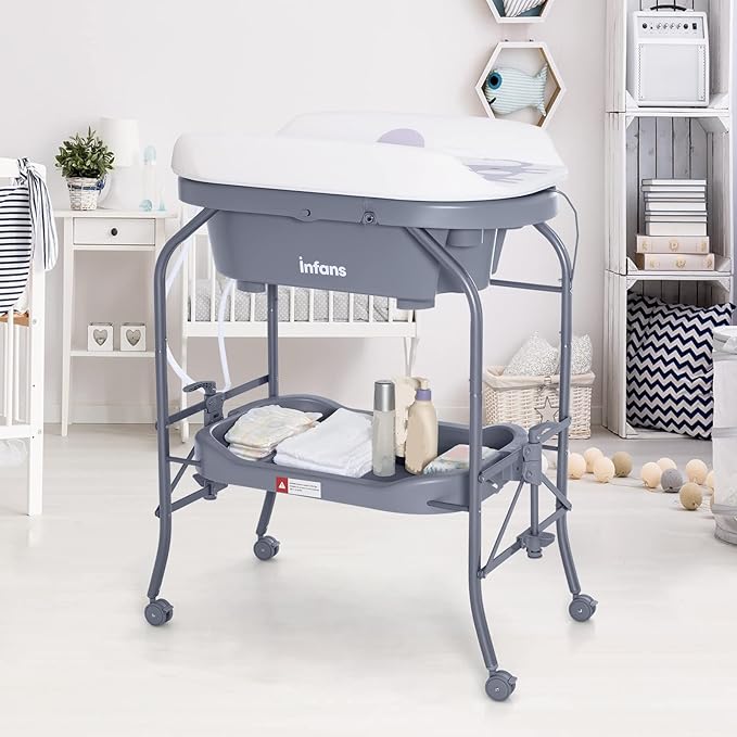 INFANS 2 in 1 Baby Changing Table with Bath Tub Unit, Folding Diaper Dresser Station with Wheels Waterproof Pad Storage Rack, Portable Nursery Organizer Stand for Newborn Infant