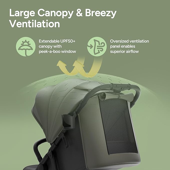 Mompush Nova Baby Stroller for Toddler, Infant & Newborn | Spacious Seat & Lie-Flat Mode | Compact One-Hand Fold, UPF 50+ Canopy & All-Wheel Suspension | Includes Rain Cover & Cup Holder, Green