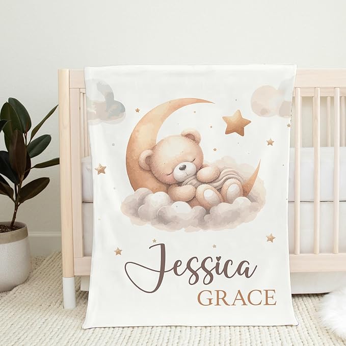 Teddy Bear Personalized Baby Blanket for Girl, Baby Girl Blankets, Brown Bear Moon Custom Name Blanket for Girls, New Mom Newborn Gift, Birthday