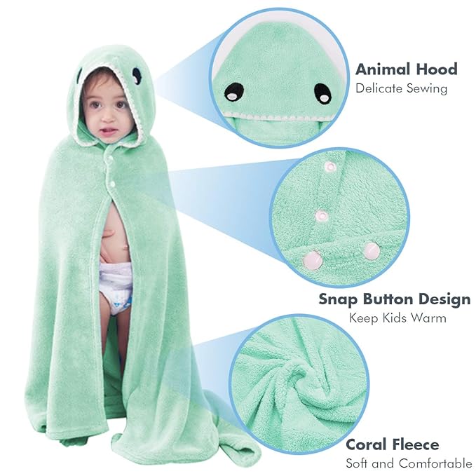 ROMASA Toddler Hooded Bath Towel Ultra Soft Towel Highly Absorbent Bathrobe Blanket for Boys Girls- 27.5" x 55"(Green Shark-Shape)