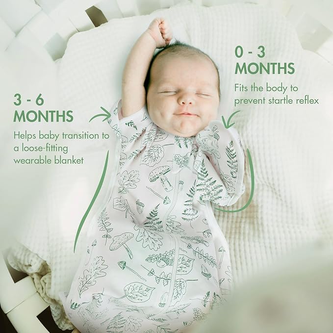 2-Pack Baby Transitional Swaddle Sleep Sack - Arms Up Swaddle 3-6 Months for Infants with Cuff Removable Design & 2-Way Zipper, Green Leaves Newborn Sack