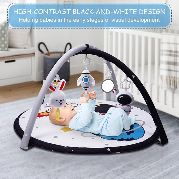 Lovvie & Joy Baby Play Activity Gym Tummy Time Mat for Newborn Infant,Baby Gyms & Playmats for Babies 0-6 9 12 Months with 5 Toys for Early Sensory Exploration and Motor Skill Development Space