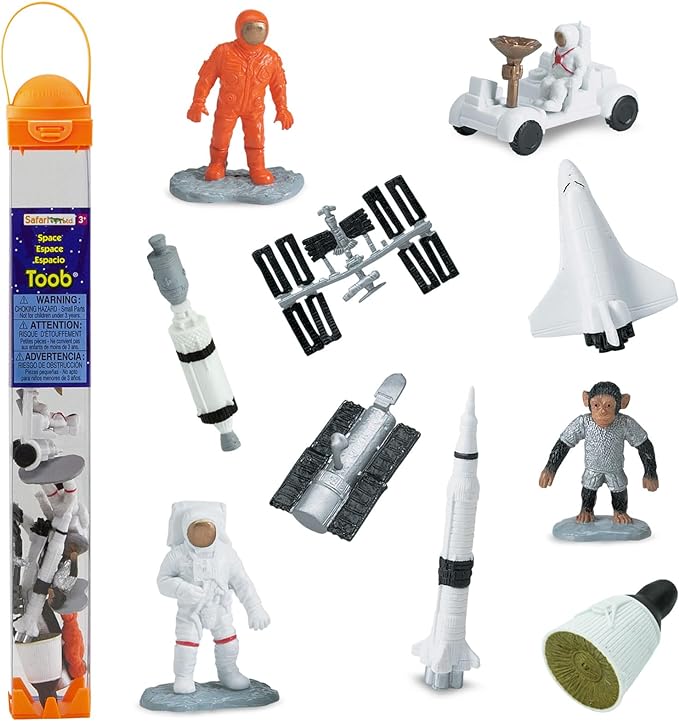 Safari Ltd Space TOOB With 10 Out Of-This-World Toy Figurines, Including 2 Astronauts, 1 Space Chimp, 6 Space Craft, And More! – For Ages 3 And Up