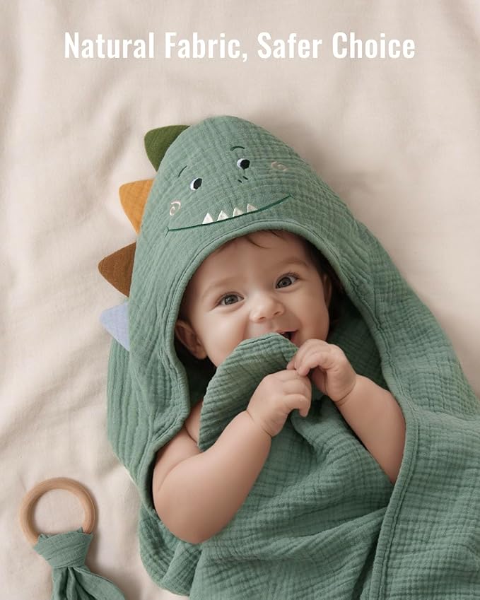 Blissful Diary Muslin Baby Hooded Towel, Soft and Absorbent Bath Towel for Newborn, Infant, Toddler, Unisex, 32″x32″ - Roguish Dino