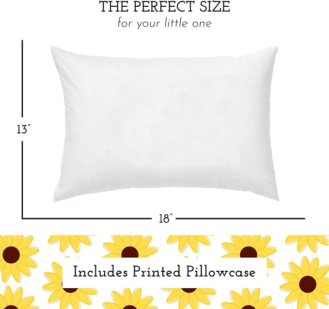 Little Sleepy Head Toddler Pillow with Pillowcase 13x18 - Kids Pillow for Sleeping - Toddler Pillow - Better Neck Support Ergonomic Pillow and Toddler Pillowcase - Best Pillows for Kids (Sunflowers)
