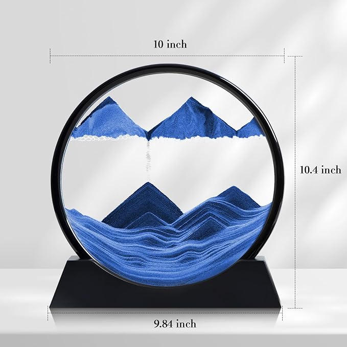 Moving Sand Art Liquid Motion, 3D Deep Sea Sandscape Color Quicksand Decor, Round Glass Moving Sand Art Picture Relaxing Desktop Home Office Work Decor (Blue, 12 inch)