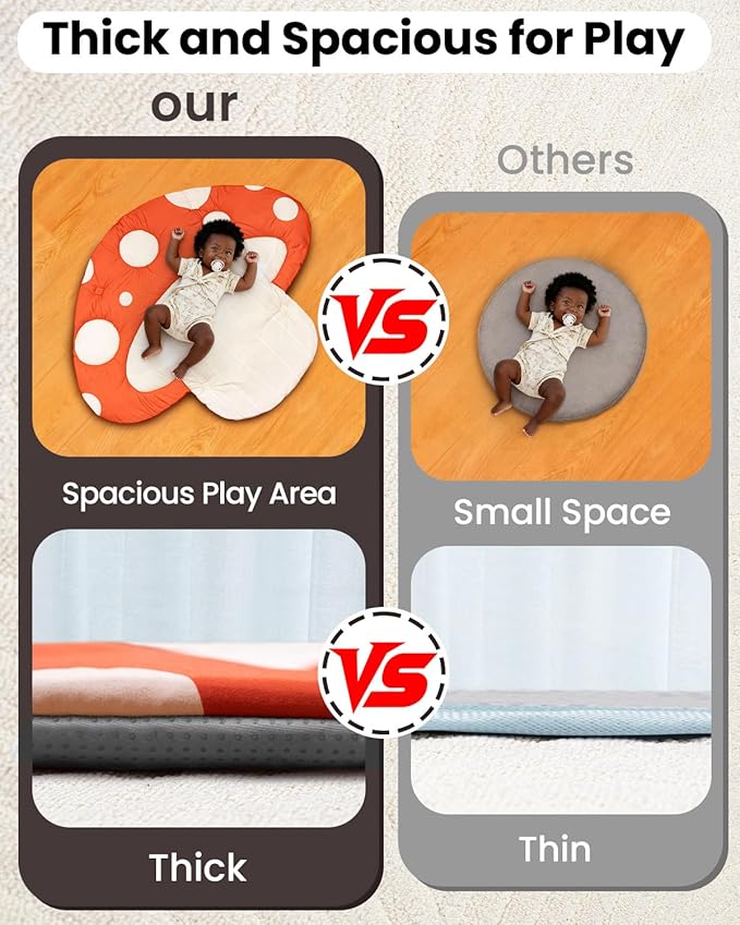 Baby Play Gym, 7-in-1 Thickened and Larger Activity Mat, Washable Baby Play Mat with Non Slip Bottom, Tummy Time Mat with 5 Detachable Toys for Motor Skills, Easy to Store - Mushroom