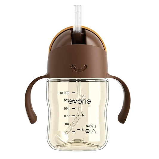 Evorie Tritan Weighted Straw Sippy Cup with Handles for Baby and Toddlers, Spill Proof Baby Water Bottle with Straw for 6 months and up, 7 Oz, Infant Training Water Bottle (Brown)